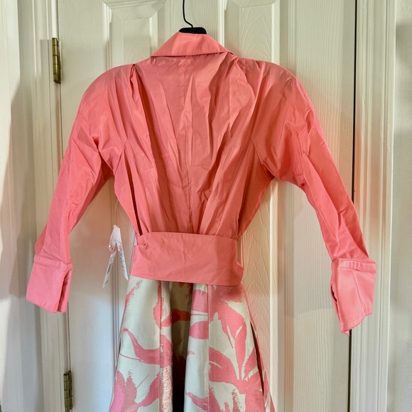 Teri Jon by Rickie Freeman Floral Taffeta Shirt Dress Gown Salmon Pink 4 - Picture 12 of 14